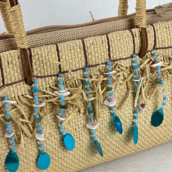 Magid Woven Straw Beaded Fringe Tassel Shoulder Bag Beach Vacation Coastal Boho - Picture 2 of 10